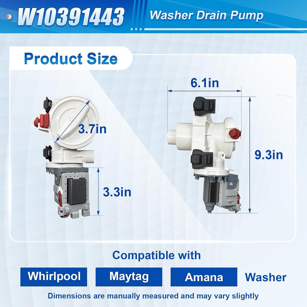 WPW10391443 W10391443 Washer Drain Pump Assembly, Replacement Part3020184 AP6020786 PS11754106 EAP11754106 B40-3A PD00008107, Compatible with Amana Maytag Whirlpool Washers