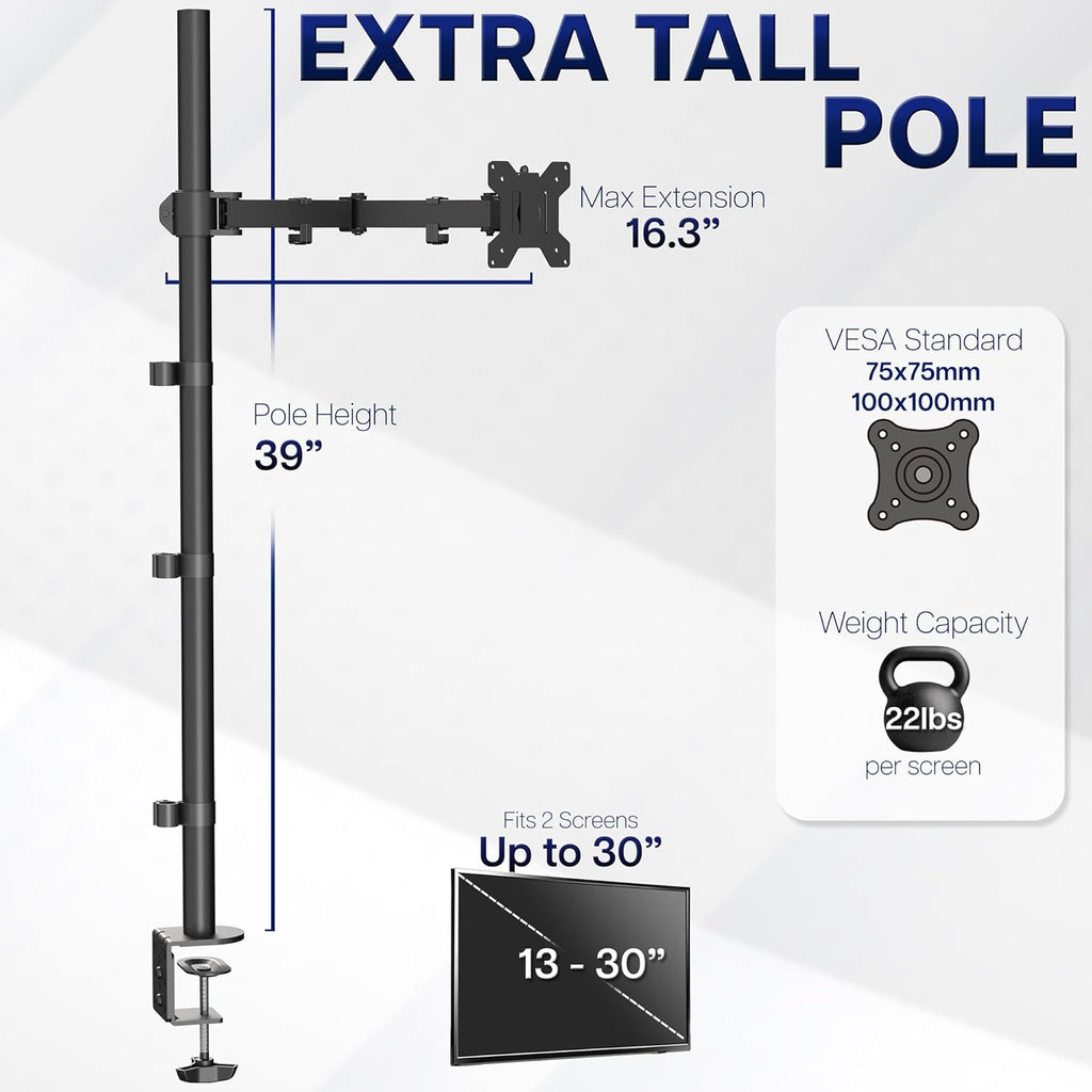 Extra Tall Single Monitor Desk Mount, 39 inch Pole VESA Stand for 13 to 32 inch Screens and up to 38 inch Ultrawides