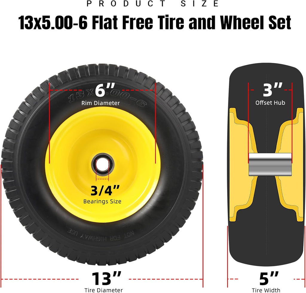 (2 Pack) 13x5.00-6 Flat Free Front Tire and Wheel Assembly, Solid Riding Lawn Mower Wheels, 3"-6" Offset Hub