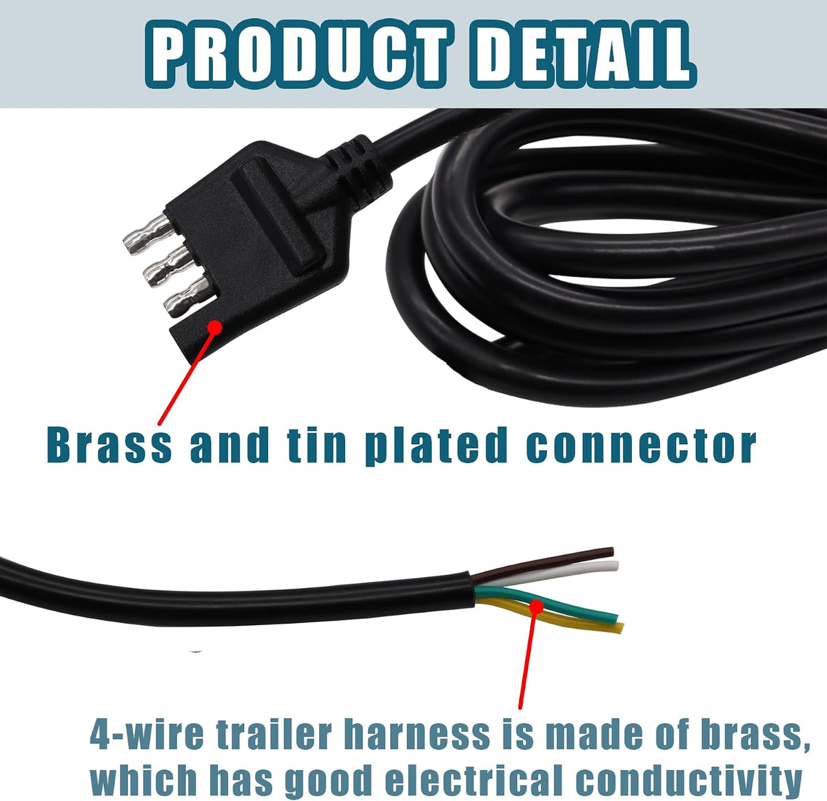 4-Way Trailer Wiring Harness - 5 Ft (1.5m) 4-Pin Flat Trailer Wire Extension Connector, Pure Copper