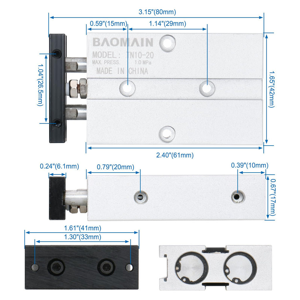 BAOMAIN Double Rod Pneumatic Air Cylinder TN10x20 10mm Bore 20mm Stroke