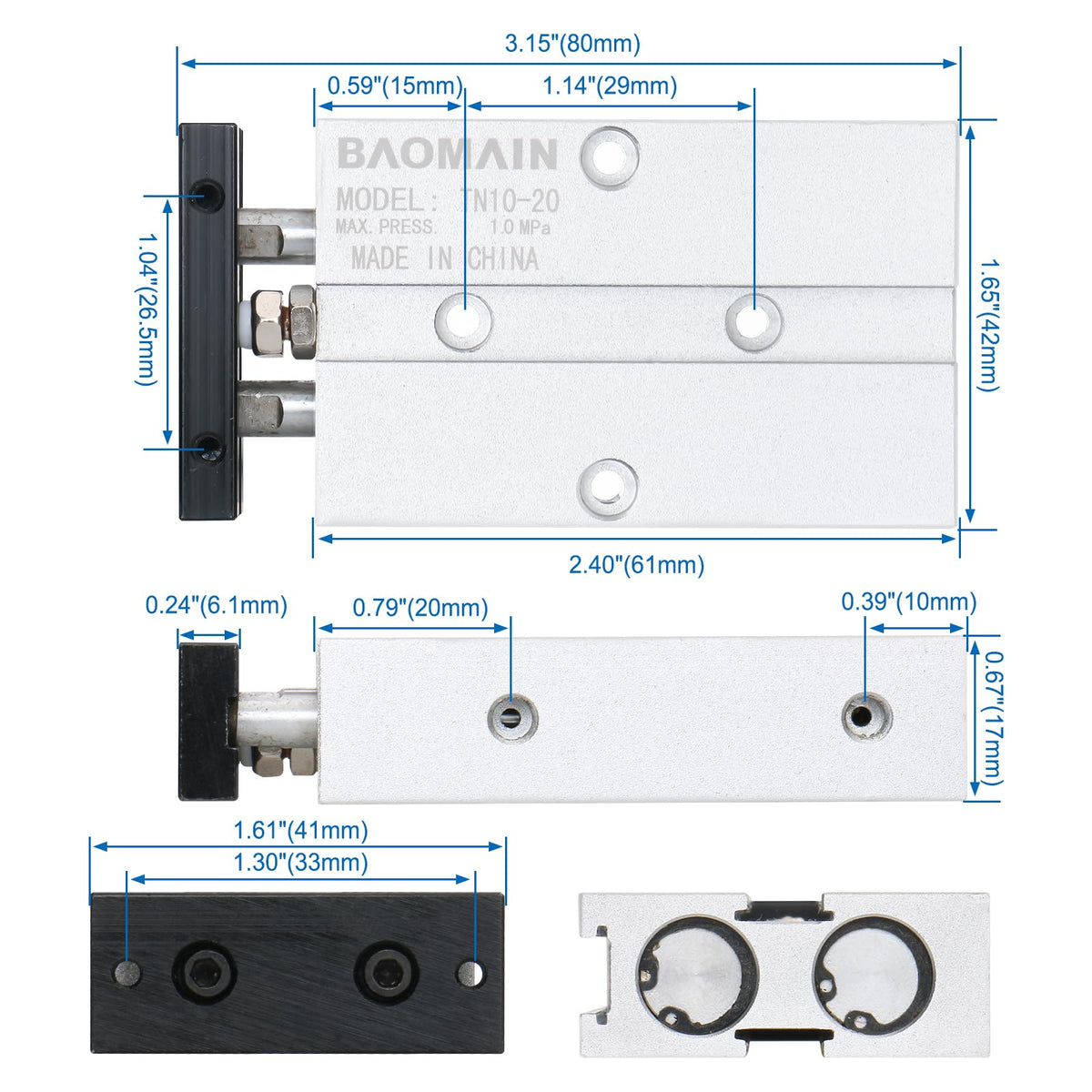 BAOMAIN Double Rod Pneumatic Air Cylinder TN10x20 10mm Bore 20mm Stroke