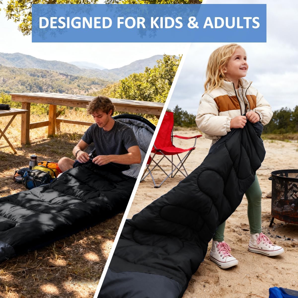 Camping Sleeping Bag - 3 Season Warm & Cool Weather - Summer Spring Fall Lightweight Waterproof for Adults Kids
