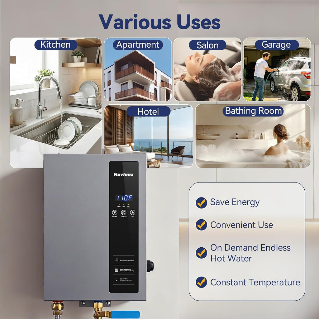 18kW Tankless Water Heater Electric, NOVIEEX 240V 3s Instant Hot Water Heater, Flow Rate Max 4.9 GPM, Supply for 2-3