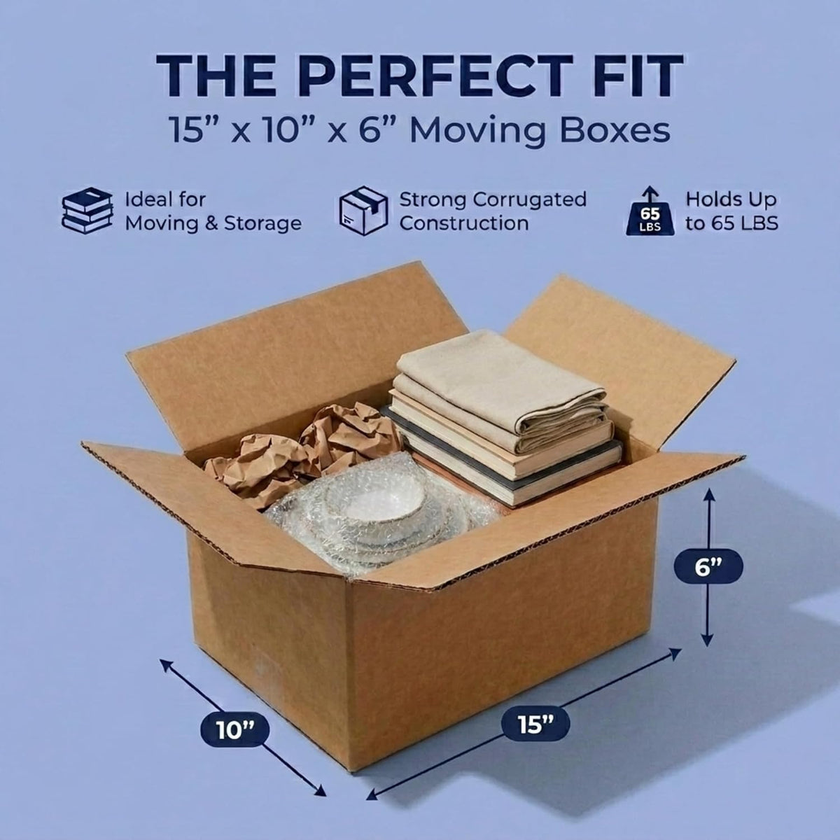 Moving Boxes Holds 65lbs, 15"L x 10"W x 6"H (25-Pack) Small - Corrugated Cardboard Box for Shipping, Mailing