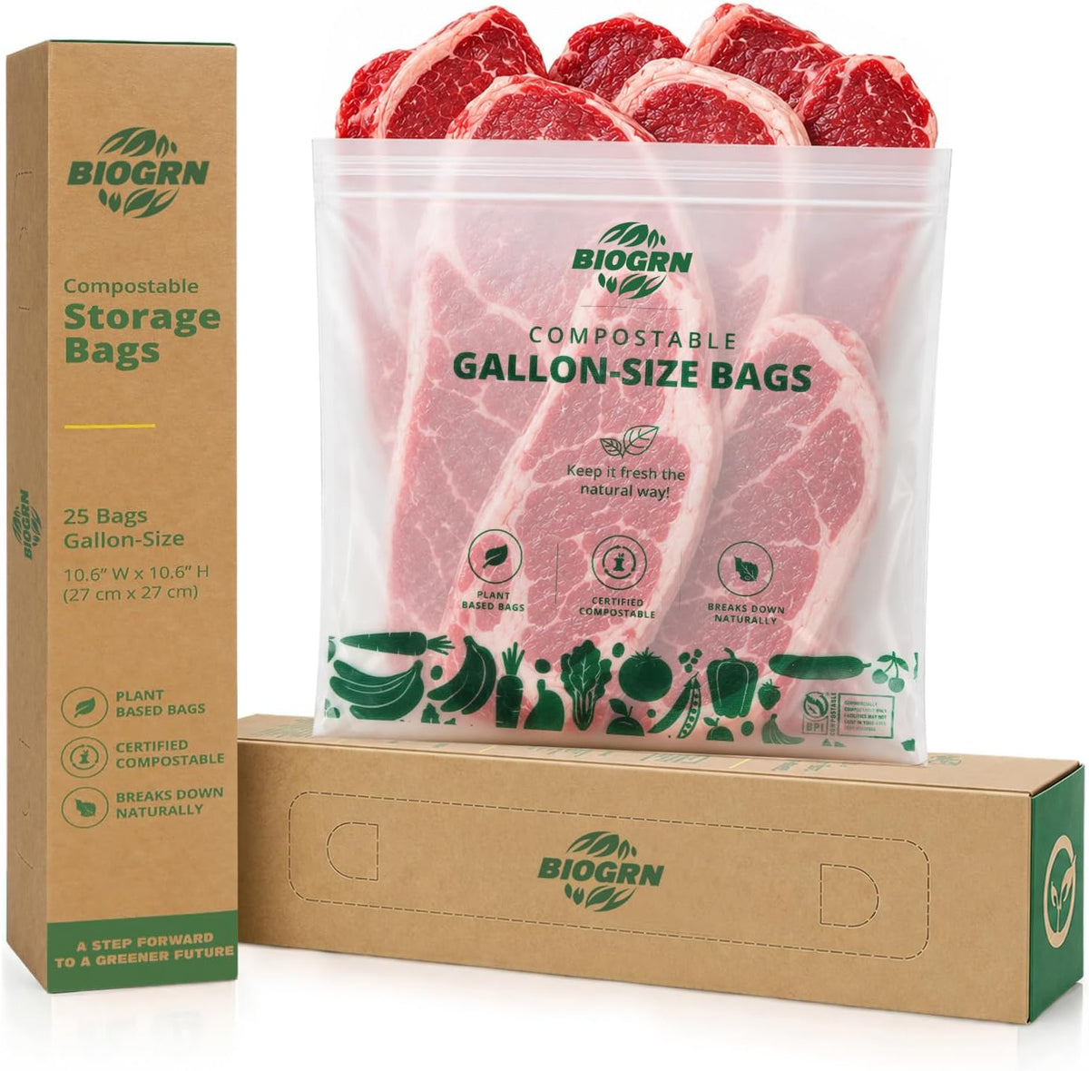 Compostable Gallon-Size Freezer Bags, 25 Count, 2.4 Mil, Extra Thick