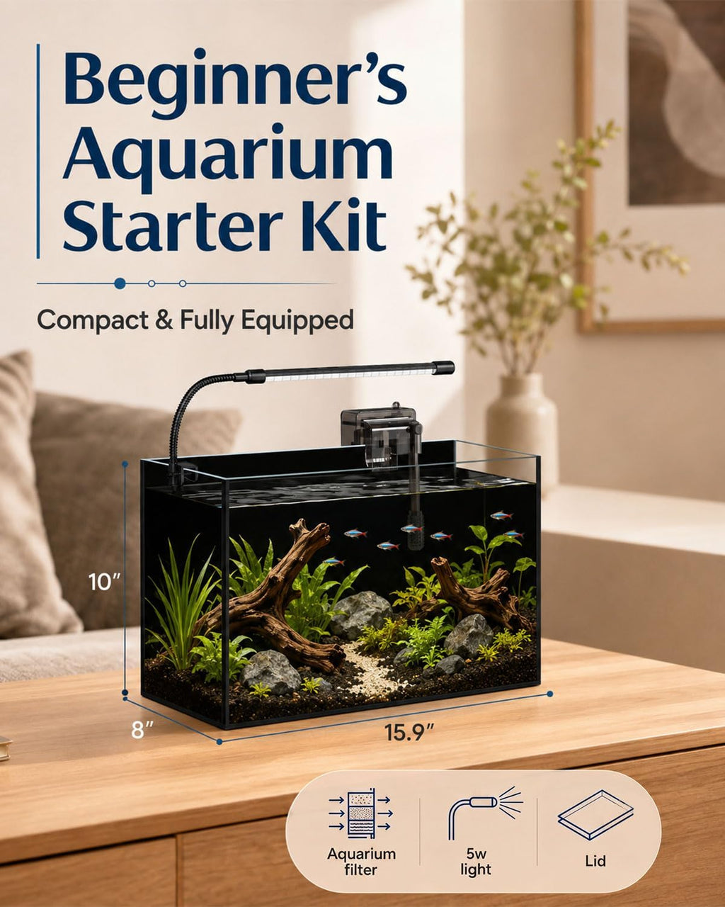 5 Gallon Glass Aquarium Starter Kit, Rimless Fish Tank