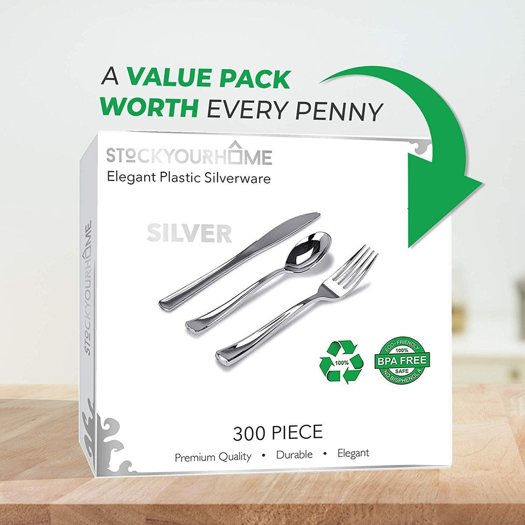 Silver Plastic Cutlery Set 300 Pack Disposable Silverware Heavy Duty Plastic 100 Forks, 100 Knives, 100 Spoons for