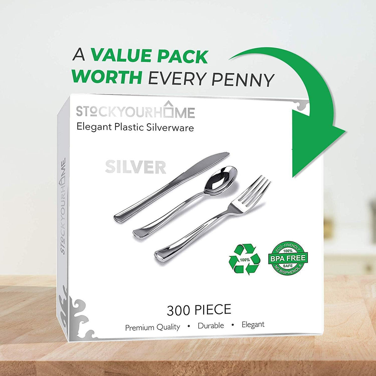 Silver Plastic Cutlery Set 300 Pack Disposable Silverware Heavy Duty Plastic 100 Forks, 100 Knives, 100 Spoons for