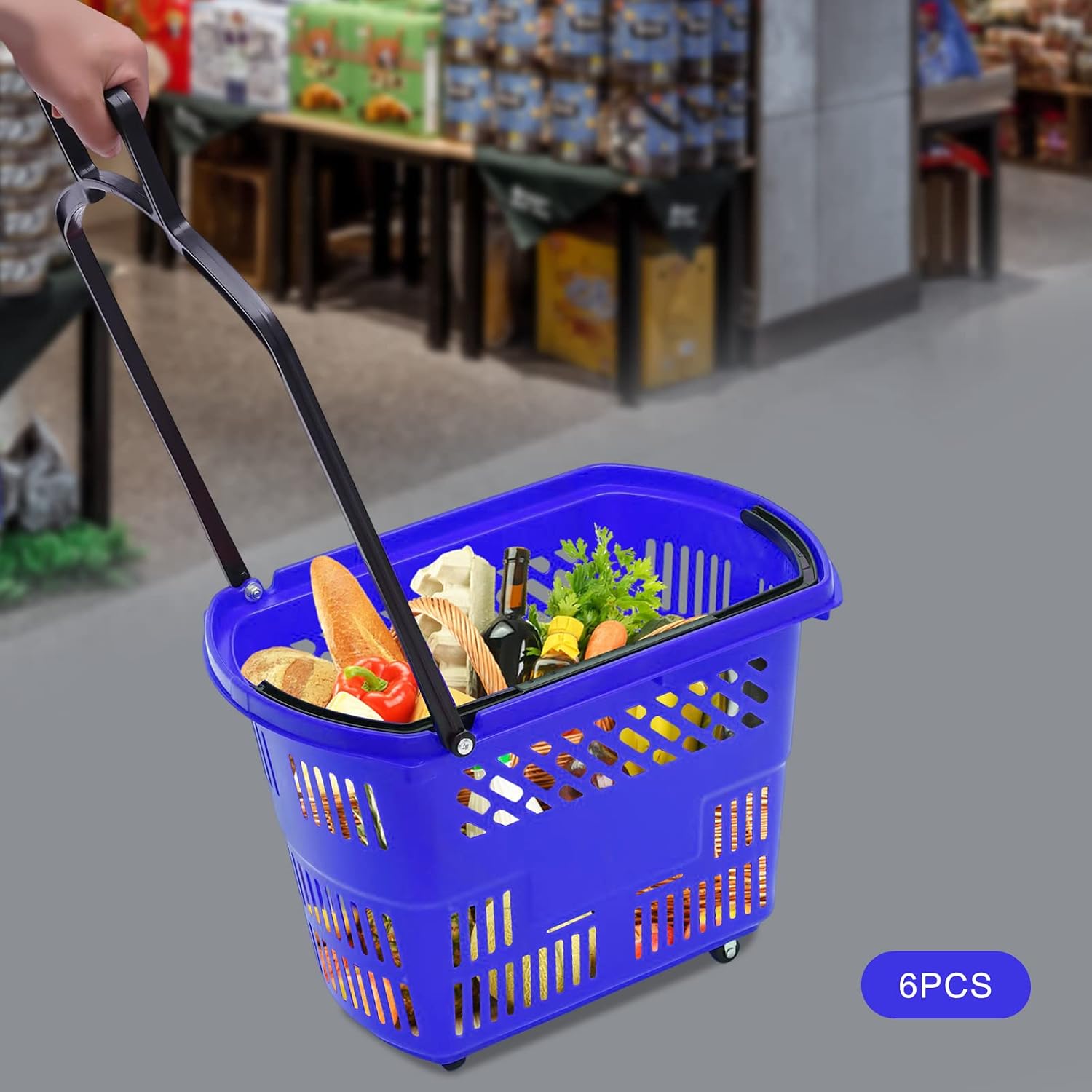 35L 6PCS Shopping Carts with Handles & Wheels, Portable Plastic Rolling Shopping Basket Set for Supermarkets and
