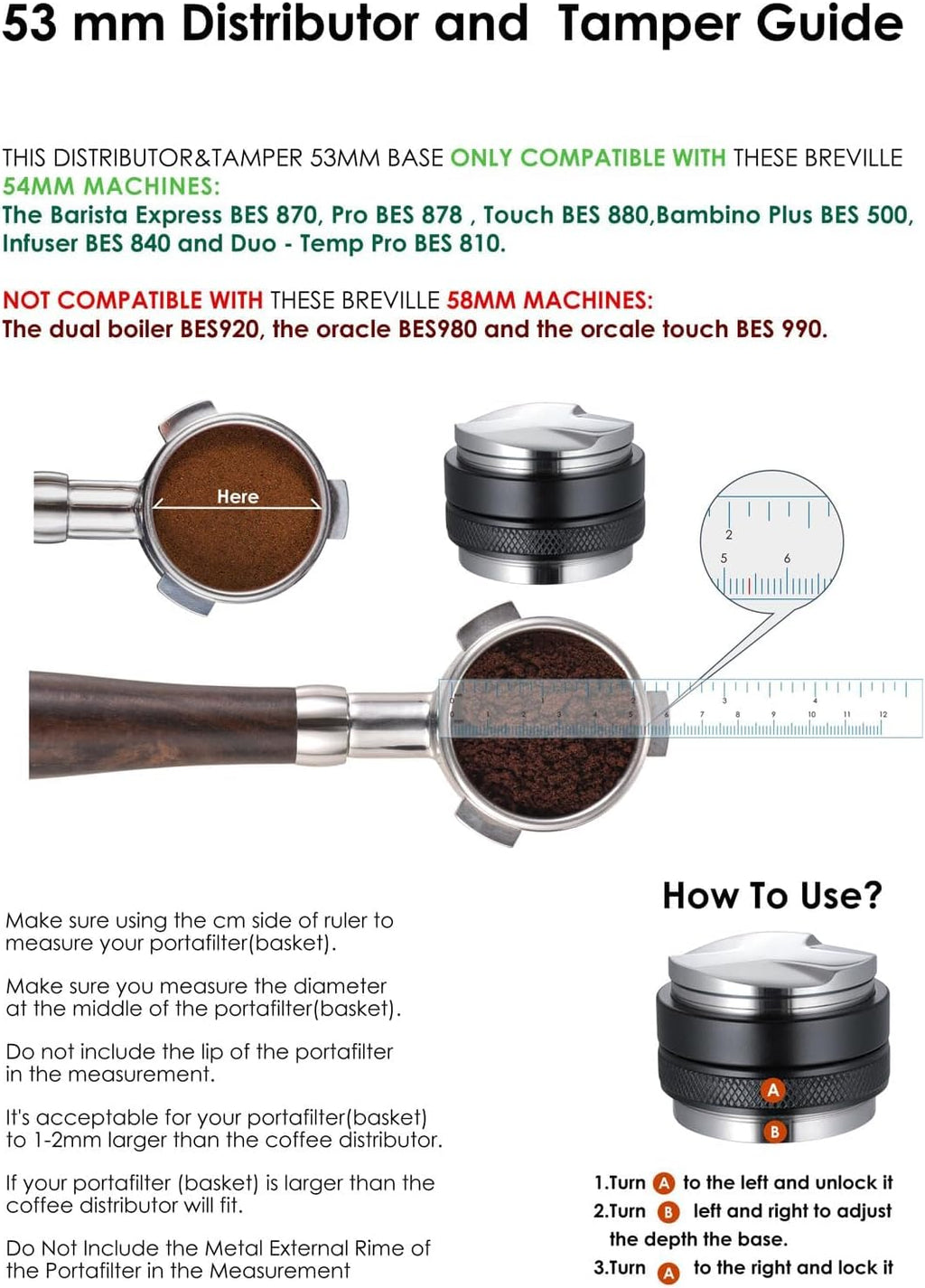 53mm Coffee Distributor and Tamper, Dual Head Coffee Leveler Compatible with Breville 54mm Portafilter, Adjustable