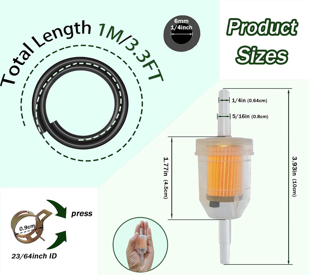 Universal 1/4 Fuel Line Kit, 3.3 Feet with 2 Magnetic Inline Fuel Filters, 8 Hose Clamps, for Small Engines
