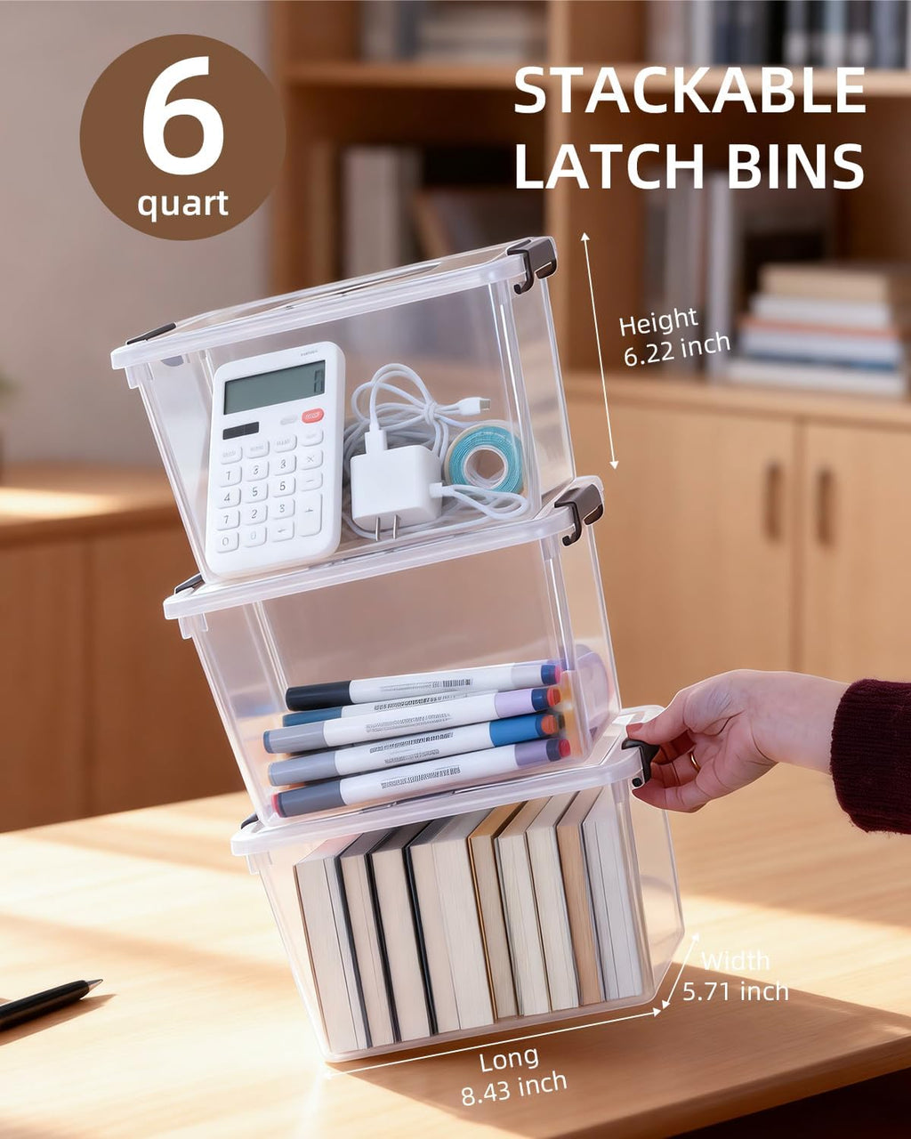 6 Packs 6 QT Plastic Storage Bins with Latching Lids Clear Storage Box with handle Stackable Storage Containers for