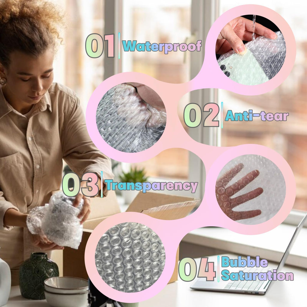 12 in x 60 ft Clear Bubble Cushioning Wrap, 4Roll Protective Bubble Packing Roll for Moving, Shipping, and Fragile Items