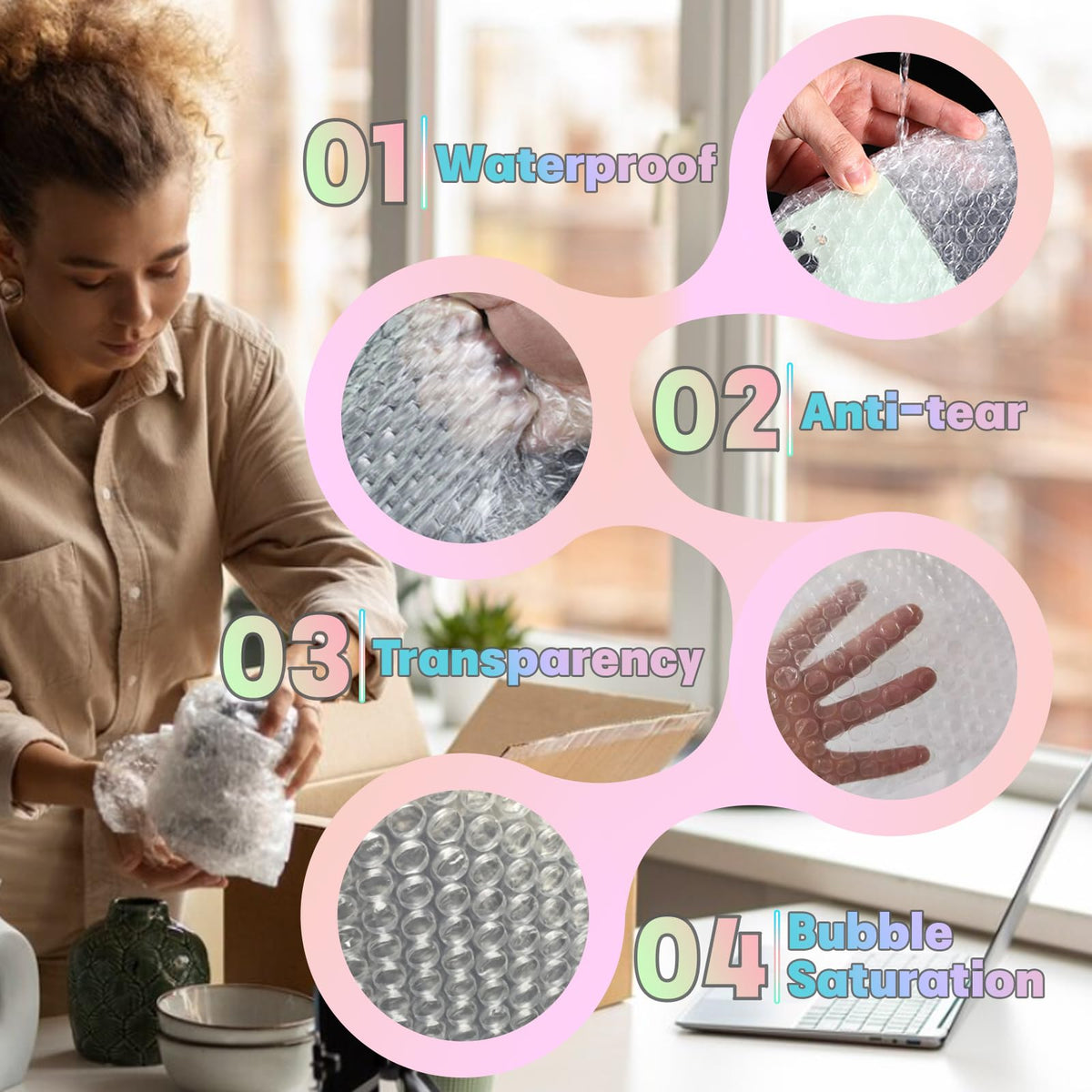 12 in x 60 ft Clear Bubble Cushioning Wrap, 4Roll Protective Bubble Packing Roll for Moving, Shipping, and Fragile Items