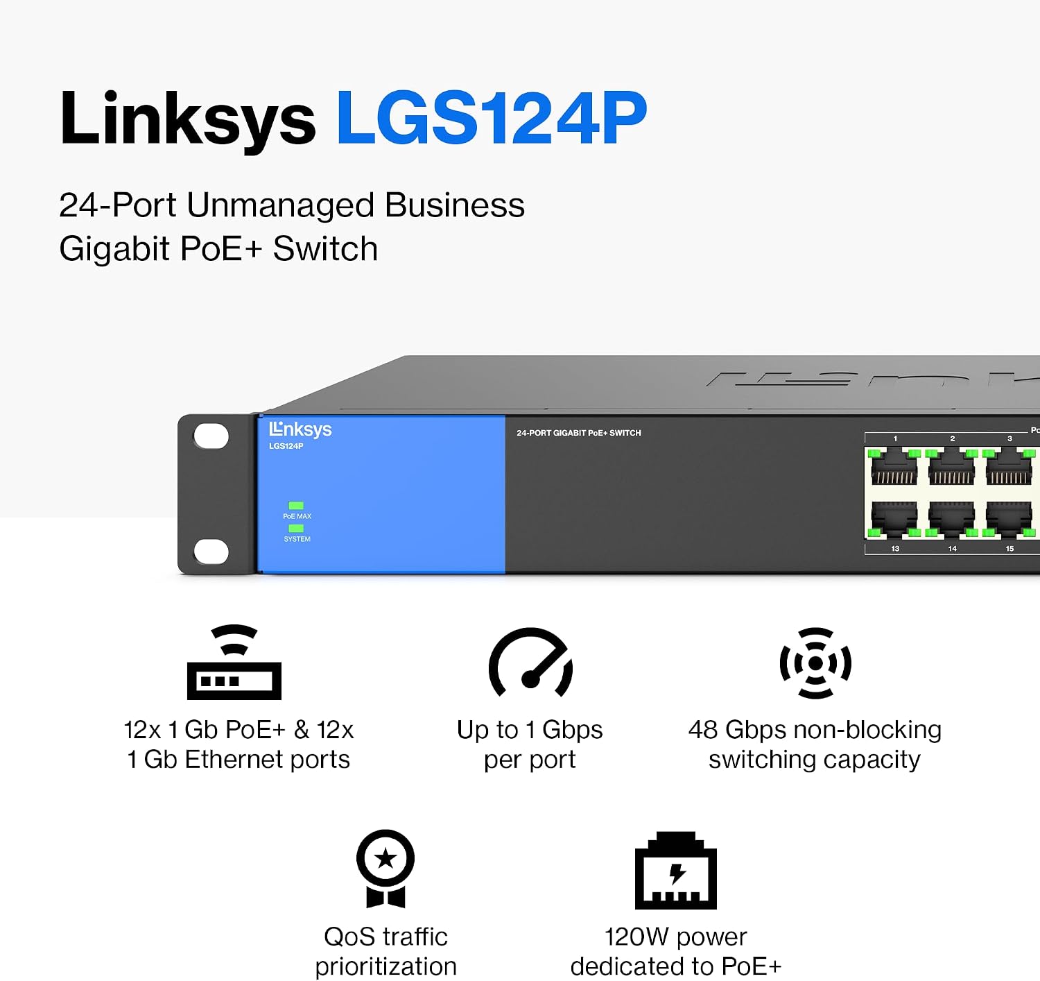 LGS124P 24 Port Gigabit Unmanaged Network PoE Switch with 12 PoE+ Ports @ 120W for Business, Office, IP Surveillance