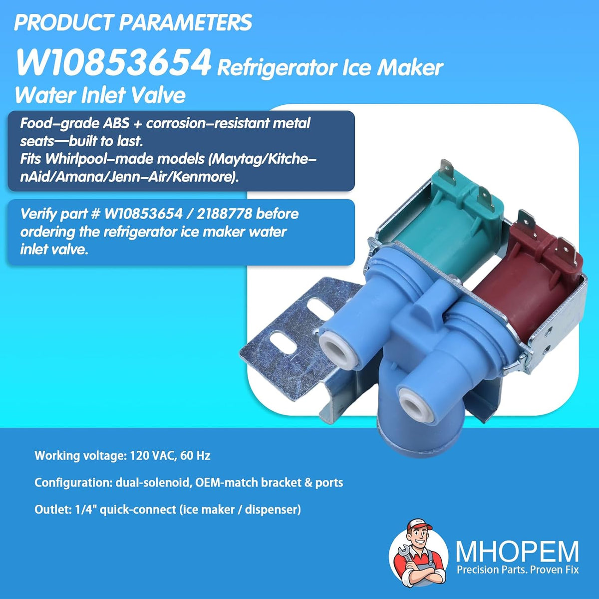 W10853654 2188778 Refrigerator Ice Maker Water Inlet Valve Replacement