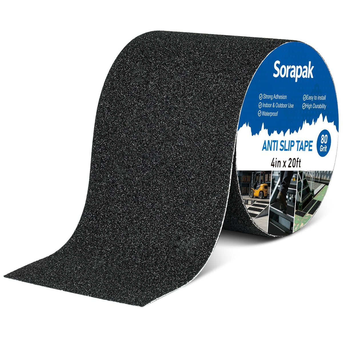 Black Anti Slip Tape 4in x 20ft, 80 Grit Waterproof Non Skid Grip Tape Roll for Ramps, Decks, Boat Decks, Warehouse