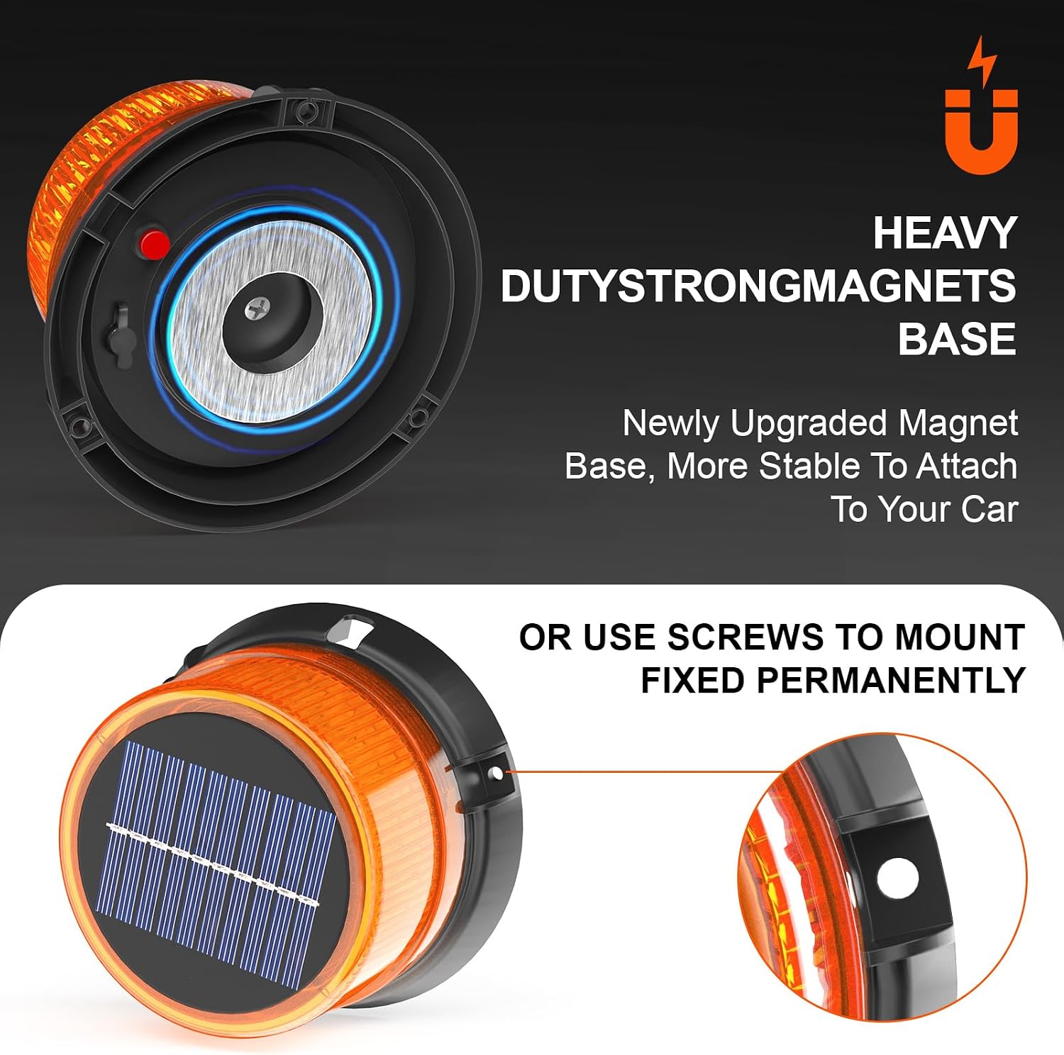 Solar Strobe Light Magnetic Waterproof LED Amber Warning Beacon Light | Wireless Solar Powered with USB Charging