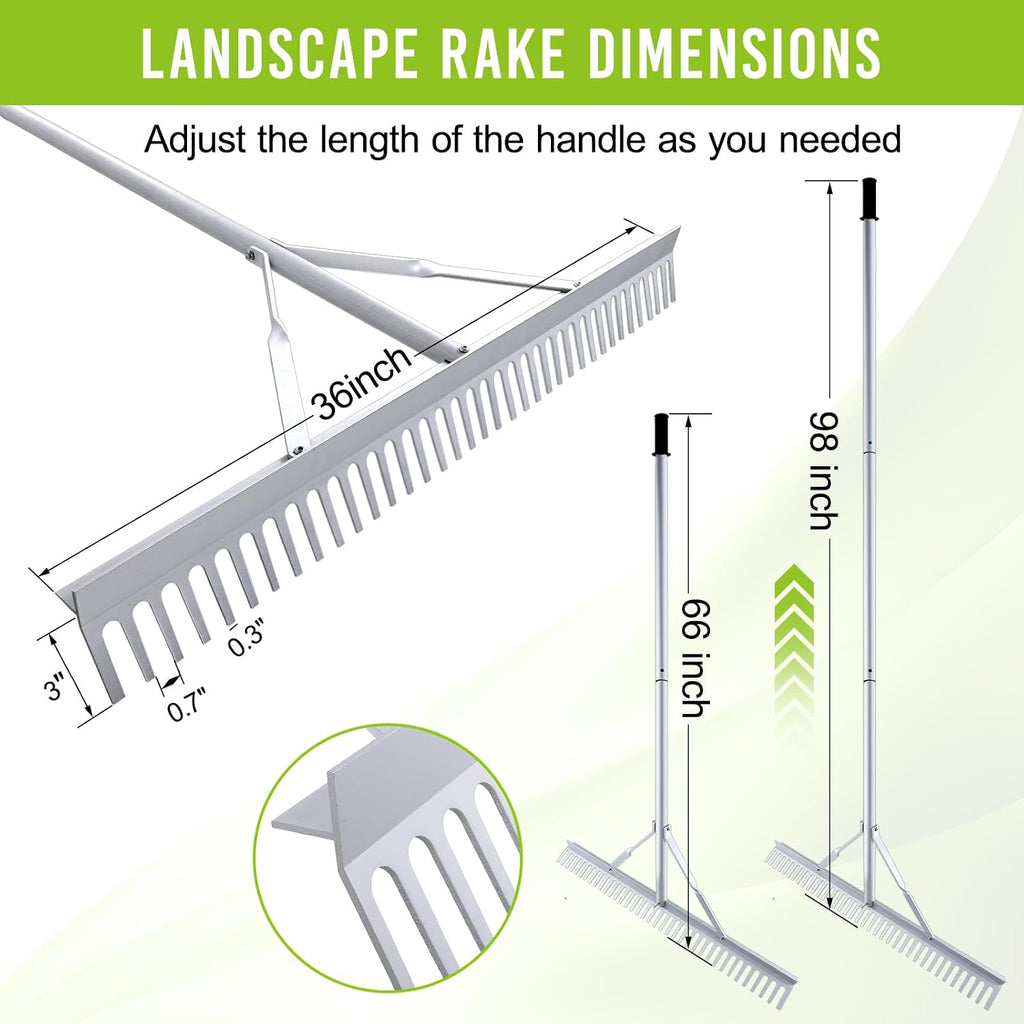36 Inch Aluminum Landscape Rake | Garden Rake, Heavy Duty, Metal Construction, Loosening Soil