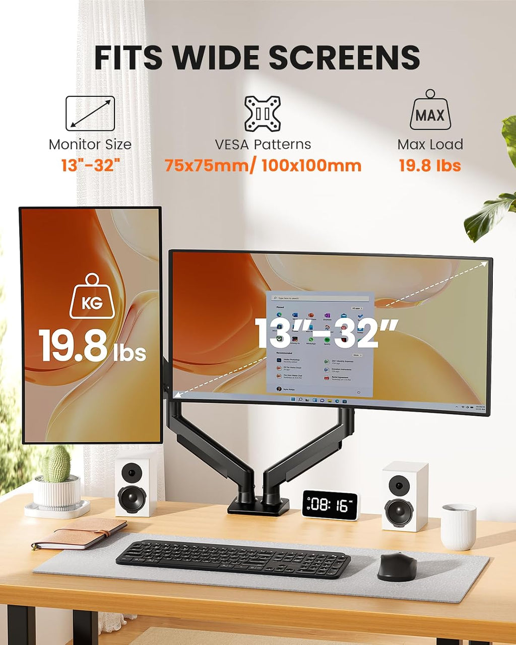 Dual Monitor Arm, Full Adjustable Monitor Mount for 13–32″ Screens, Fast Install Computer Monitor Stand with