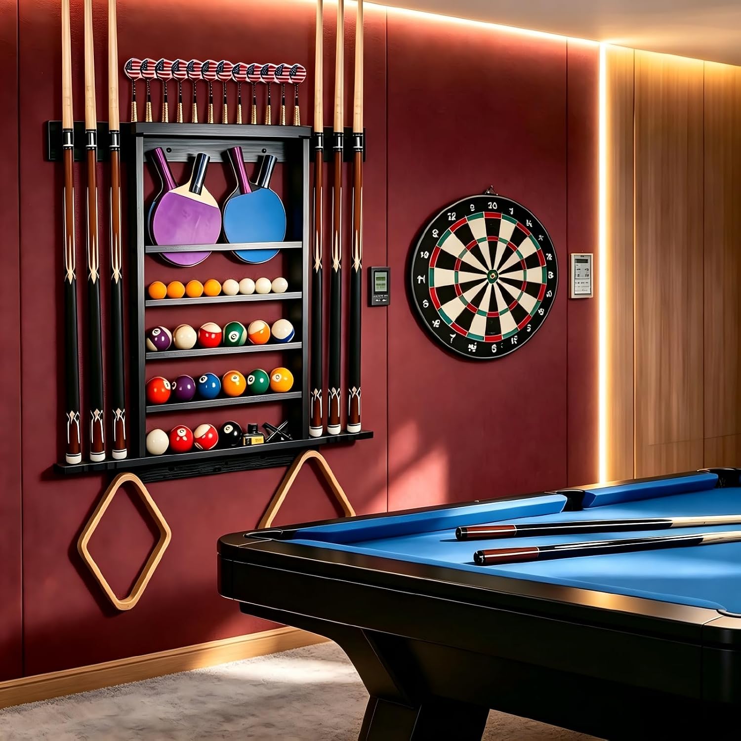Large Pool Stick Holder Wall Mount, Billiards Pool Cue Rack Ping Pong Paddle Holder, Dart Holder 3-IN-1, Wood Pool
