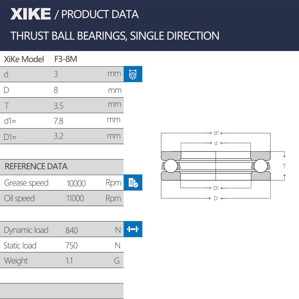 XIKE F3-8M Thrust Ball Bearing, 3x8x3.5mm (10-Pack)