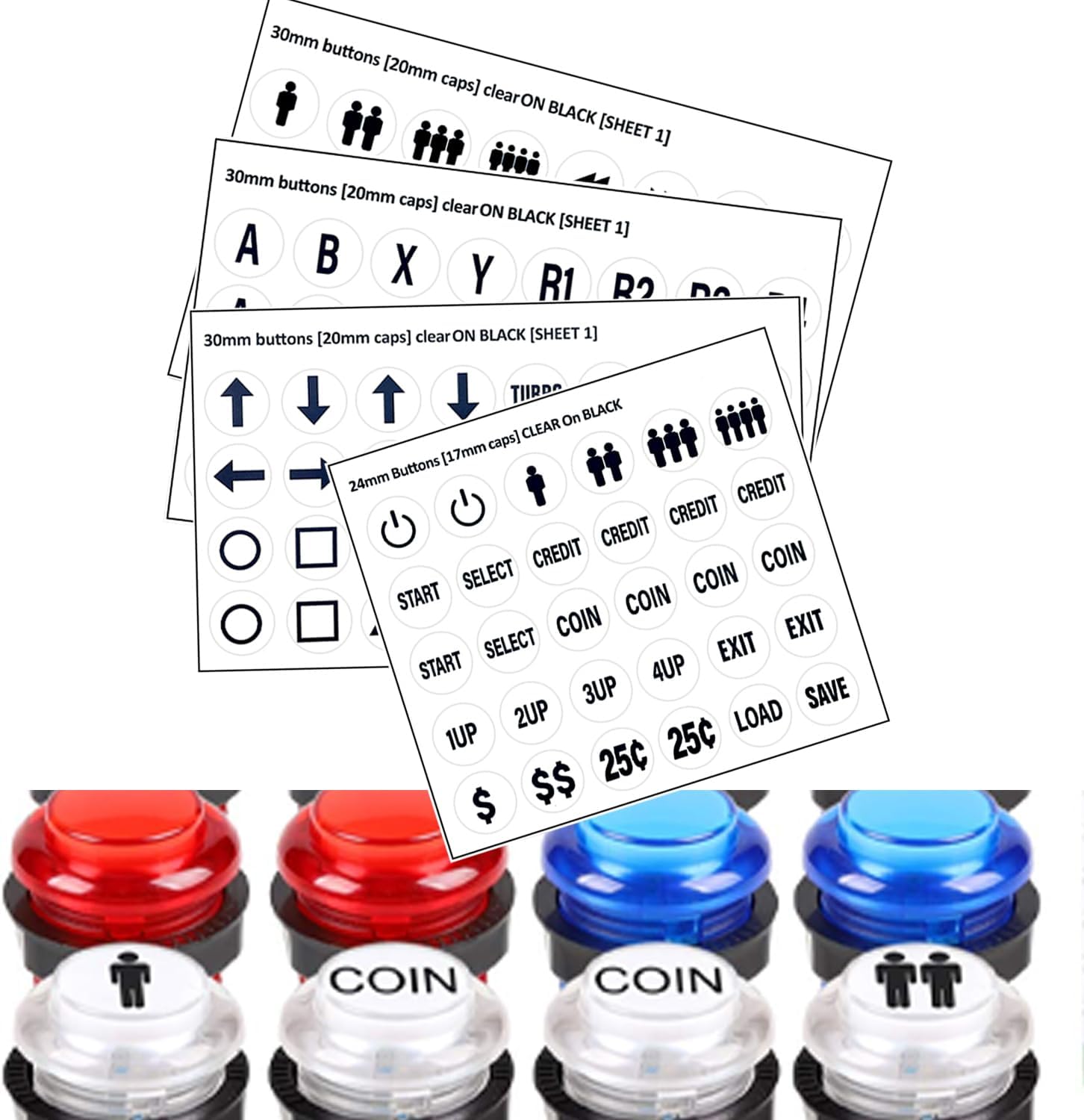 White Arcade Button Stickers 24mm/30mm Die-Cut PVC Decals | White PVC arcade button decals for 24mm/30mm buttons.