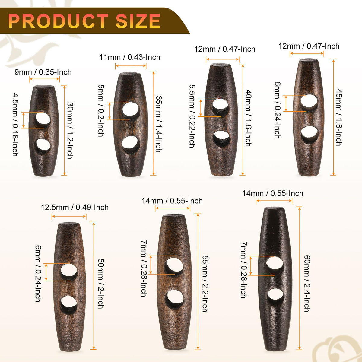 45mm / 1.8" Wooden Toggle Buttons 10pcs 2-Hole, Dark Brown