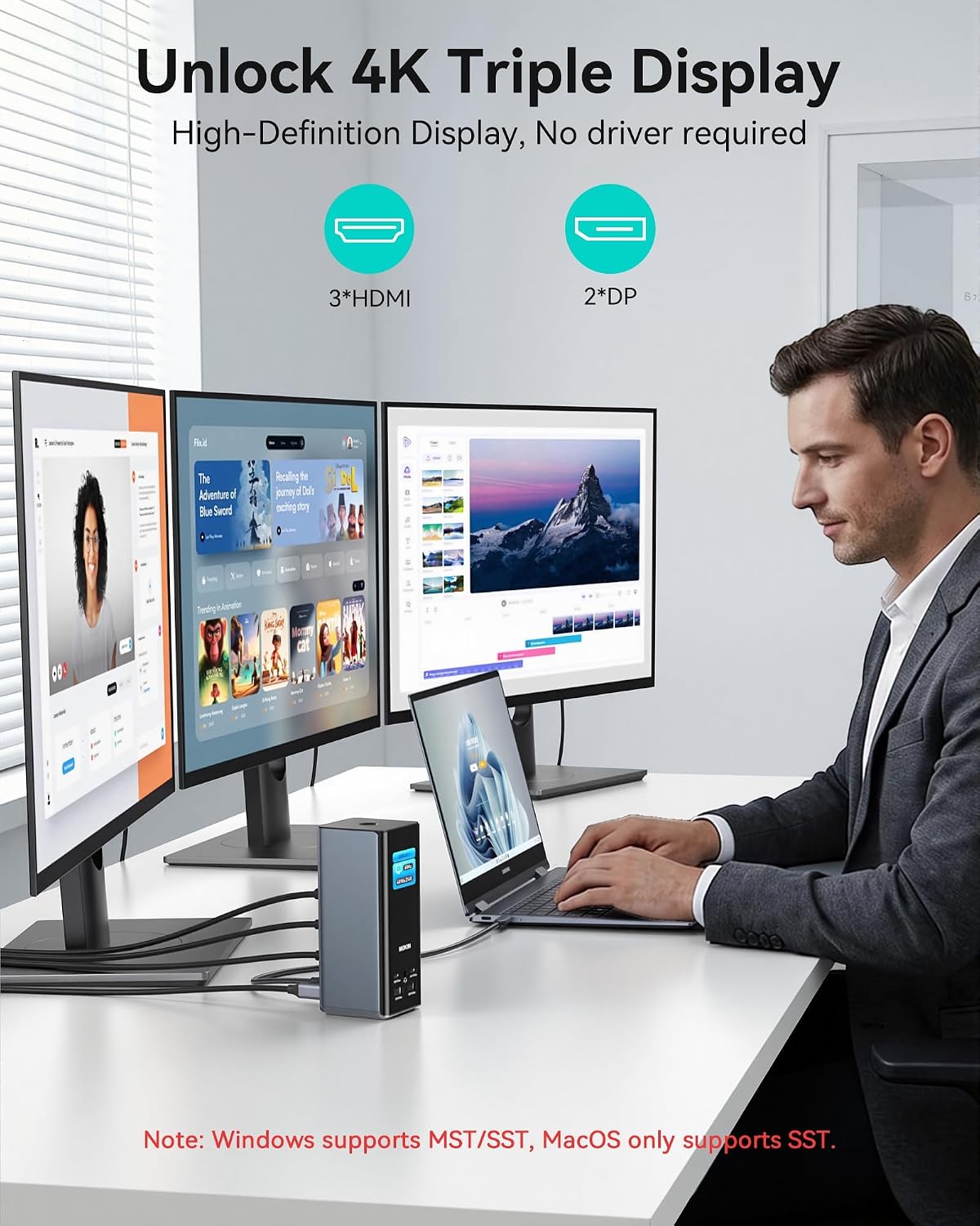 USB C Docking Station 3 Monitors Display with Weather Function | 3 HDMI & 2 DP, Max to Extend Triple Monitor, Weather