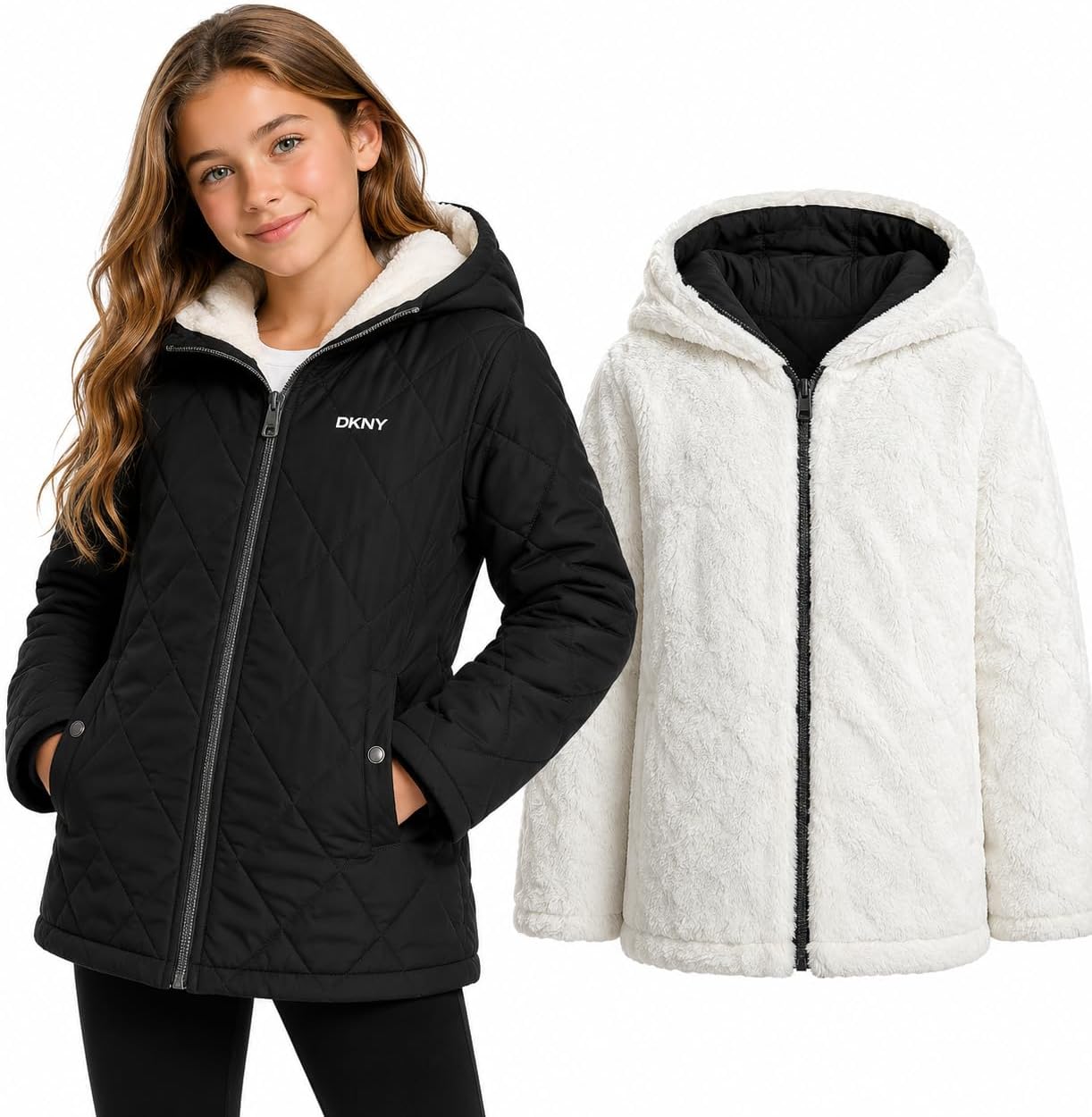 DKNY Girls Jacket, Reversible Quilted Puffer Coat, Sherpa Lined Hooded Coat | Two Looks in One Reversible Design