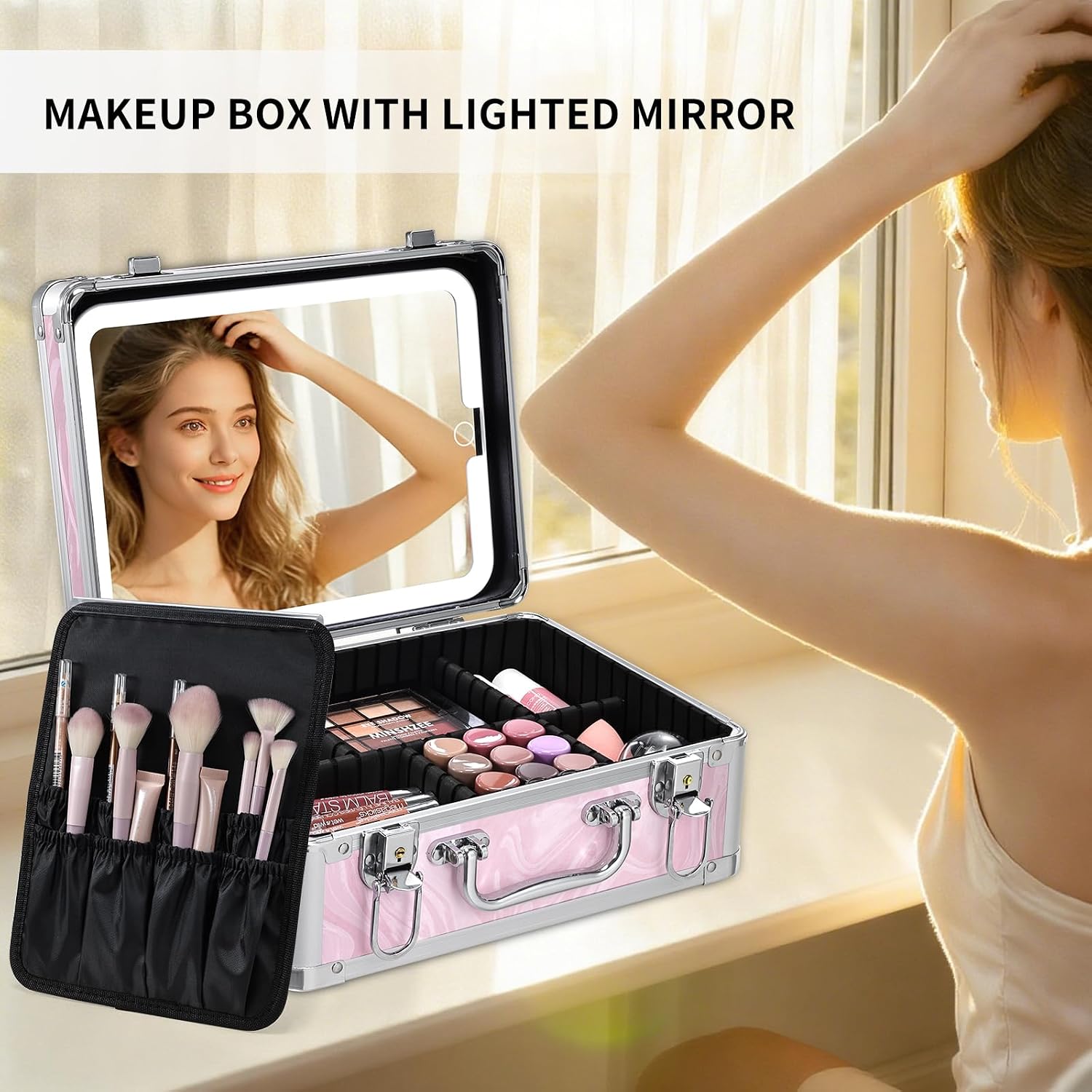 Makeup Case with LED Mirror - Pink Fluid-Color Makeup Box with Detachable Lighted Mirror, Travel Cosmetic Train Case