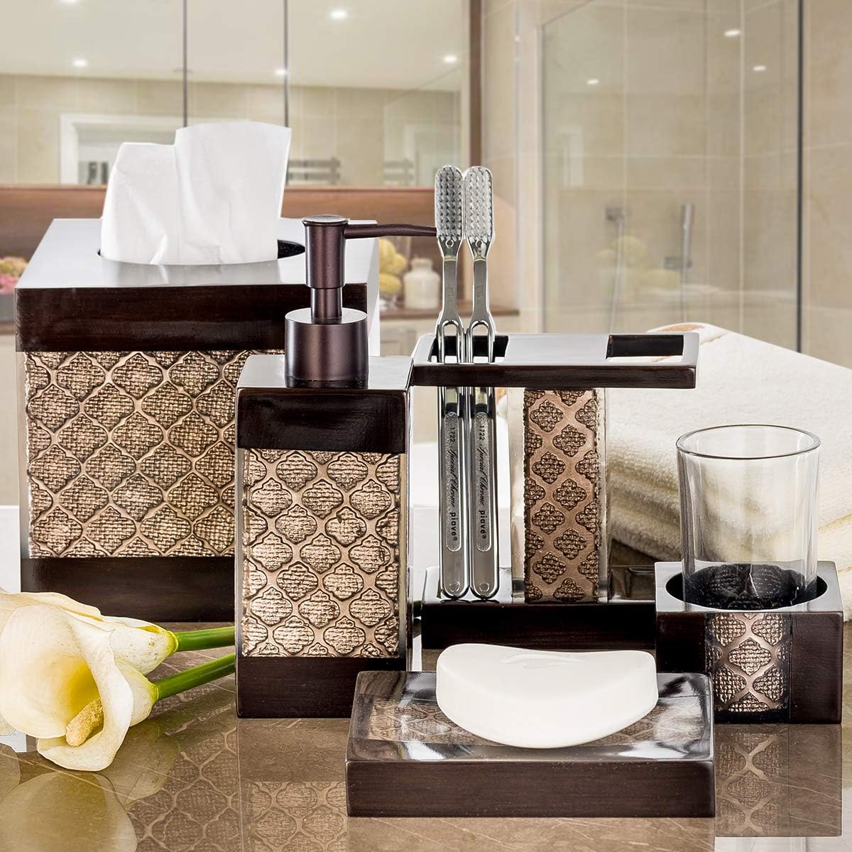 Dahlia Brown 4 Piece Bathroom Accessories Set | Includes Soap Dispenser, Toothbrush Holder, Tumbler Cup & Soap Dish