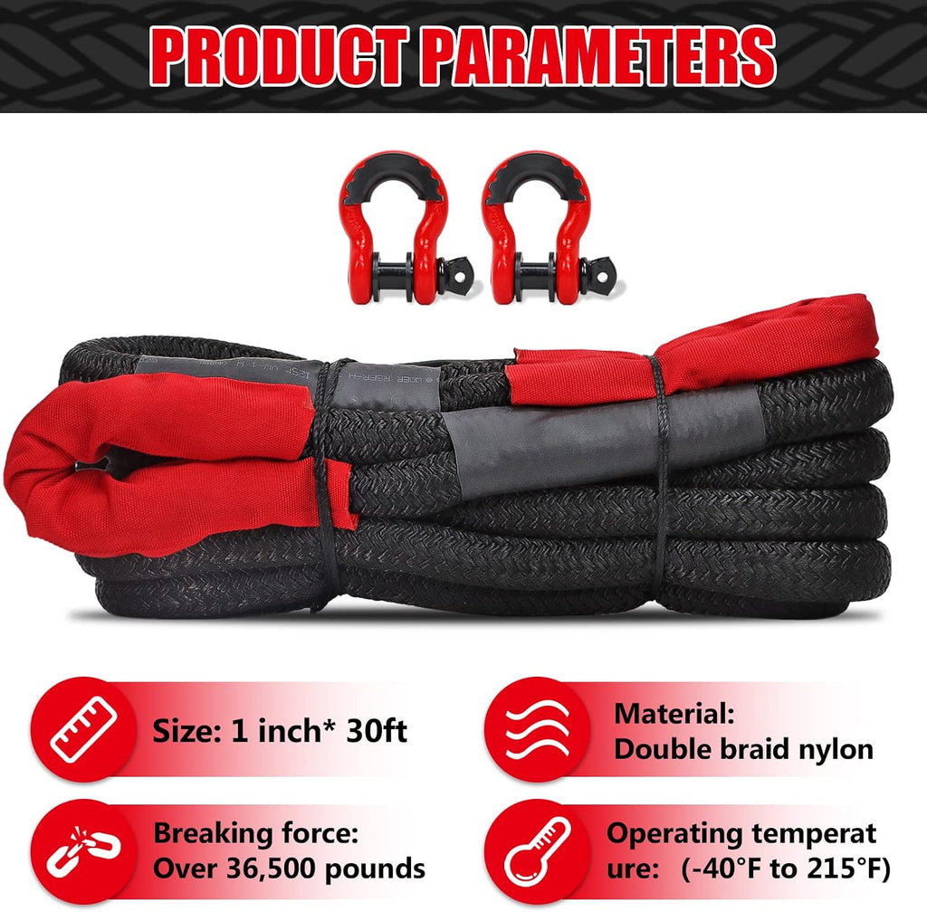 Kinetic Recovery Rope 56,000lbs with 2 D-Rings, Tow Ropes for Trucks Pickup