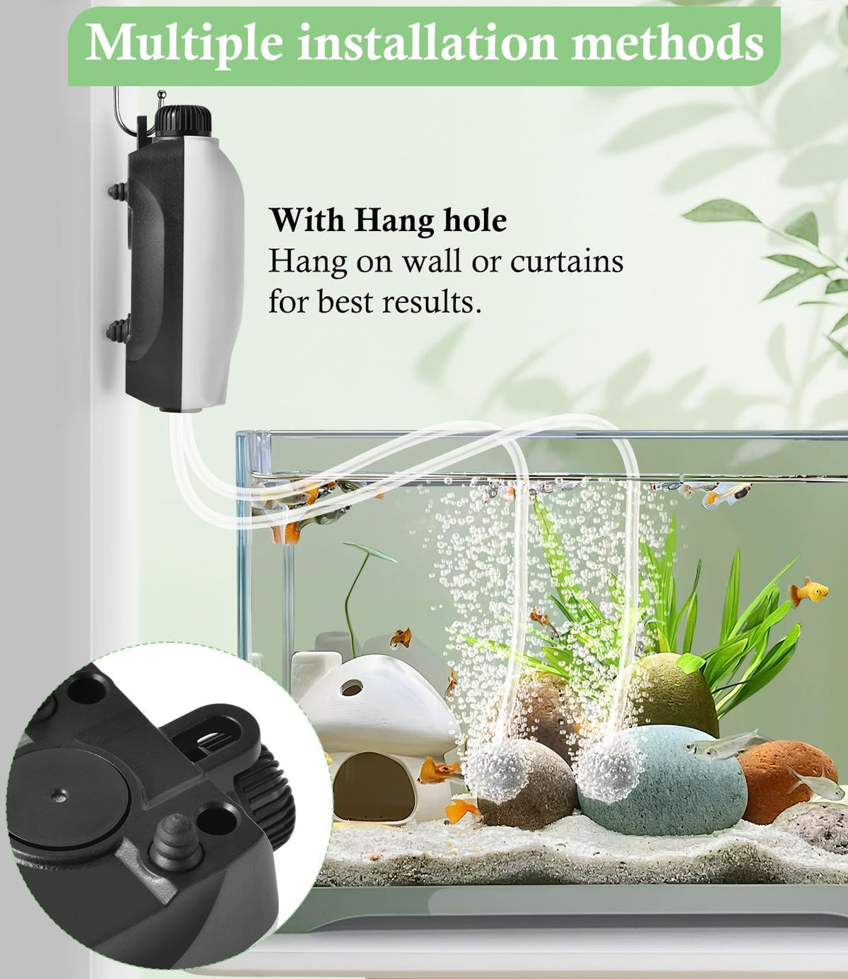 2W Nano Whisper Aquarium Air Pump, 57GPH Adjustable Dual Outlet Fish Tank Oxygen Pump, Aquarium Aerator for 1-50