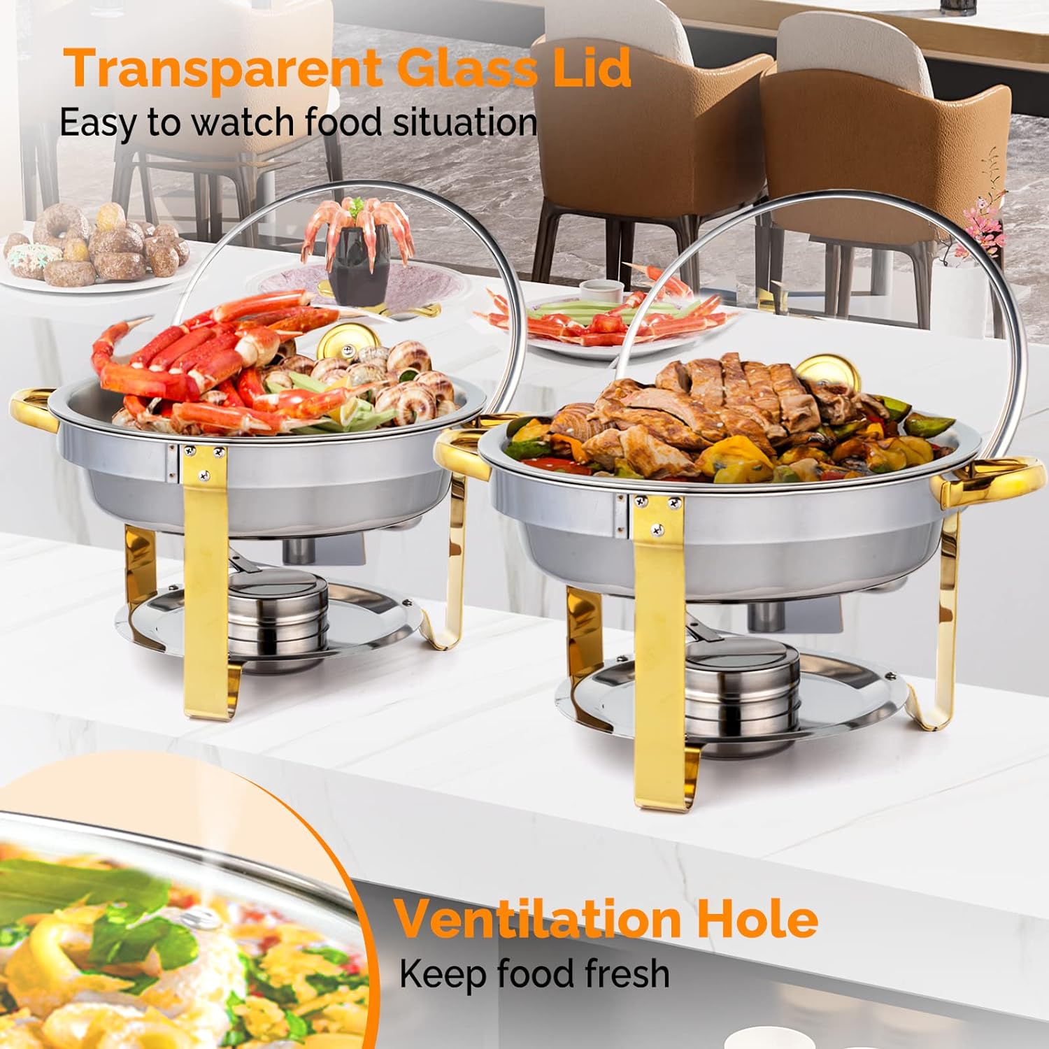 5QT 2 Packs Chafing Dish Buffet Set Gold Accent, Round Stainless Steel Buffet Warmer Chafers and Buffet Warmers Sets