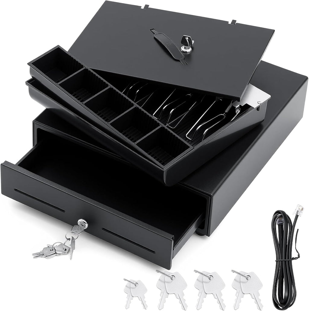 13 Inch Cash Register Drawer with Lockable Cover & Removable Tray, Heavy Duty POS Cash Drawer for Small Business, 4