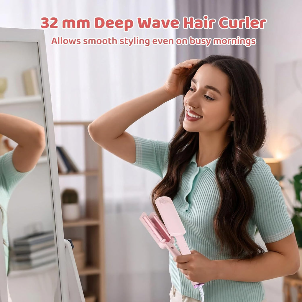 32 mm Hair Waver Curling Iron, Deep Wave Crimper with Ceramic Glaze Coating, 4 Temperature Settings, Even & Fast
