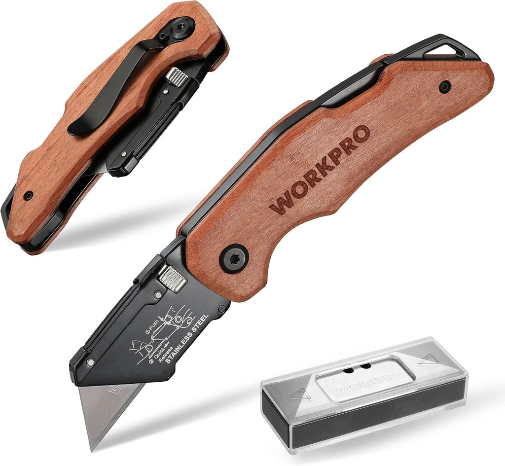 Folding Utility Knife with Stainless Steel Head, Quick-change Blade & Back Lock, Wood Handle Heavy Duty Box Cutter