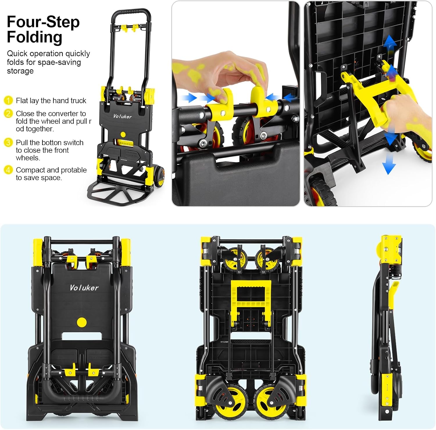 2-in-1 Foldable Hand Truck Dolly,330lb Cart Retractable,4& 2 Wheel,Yellow | Aluminum alloy,5in flat-free rubber