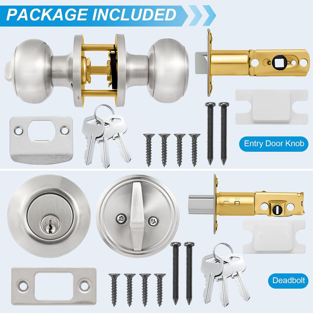 2 Pack Entry Door Lock and Single Cylinder Deadbolt Combo Set, Keyed Alike Satin Nickel Exterior Door Knobs with