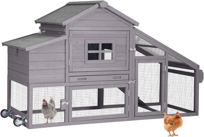 Wooden Chicken Coop, Large Chicken Tractor with Wheels, Weatherproof Hen House with Nest Box and Removable Tray