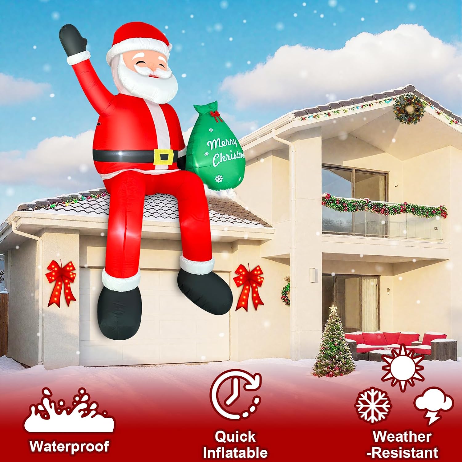8FT Santa Claus Sitting on The Roof Christmas Inflatable Decoration with Gift Bag & Built-in LEDs, Giant Blow Up