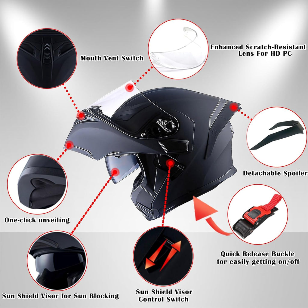 Motorcycle Modular Full Face Helmet Flip up Dual Visor Sun Shield: HB89 Glossy White