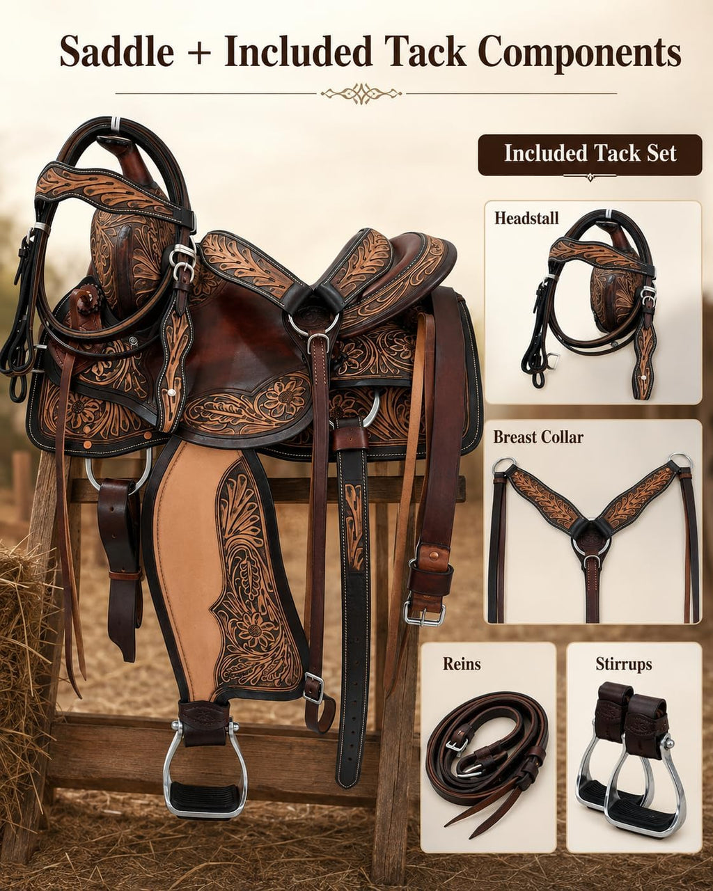 Hand Tooled Western Horse Saddle with Tack Set Genuine Leather Trail Ranch Barrel Racing Saddle Floral Carved 15-18 Inch