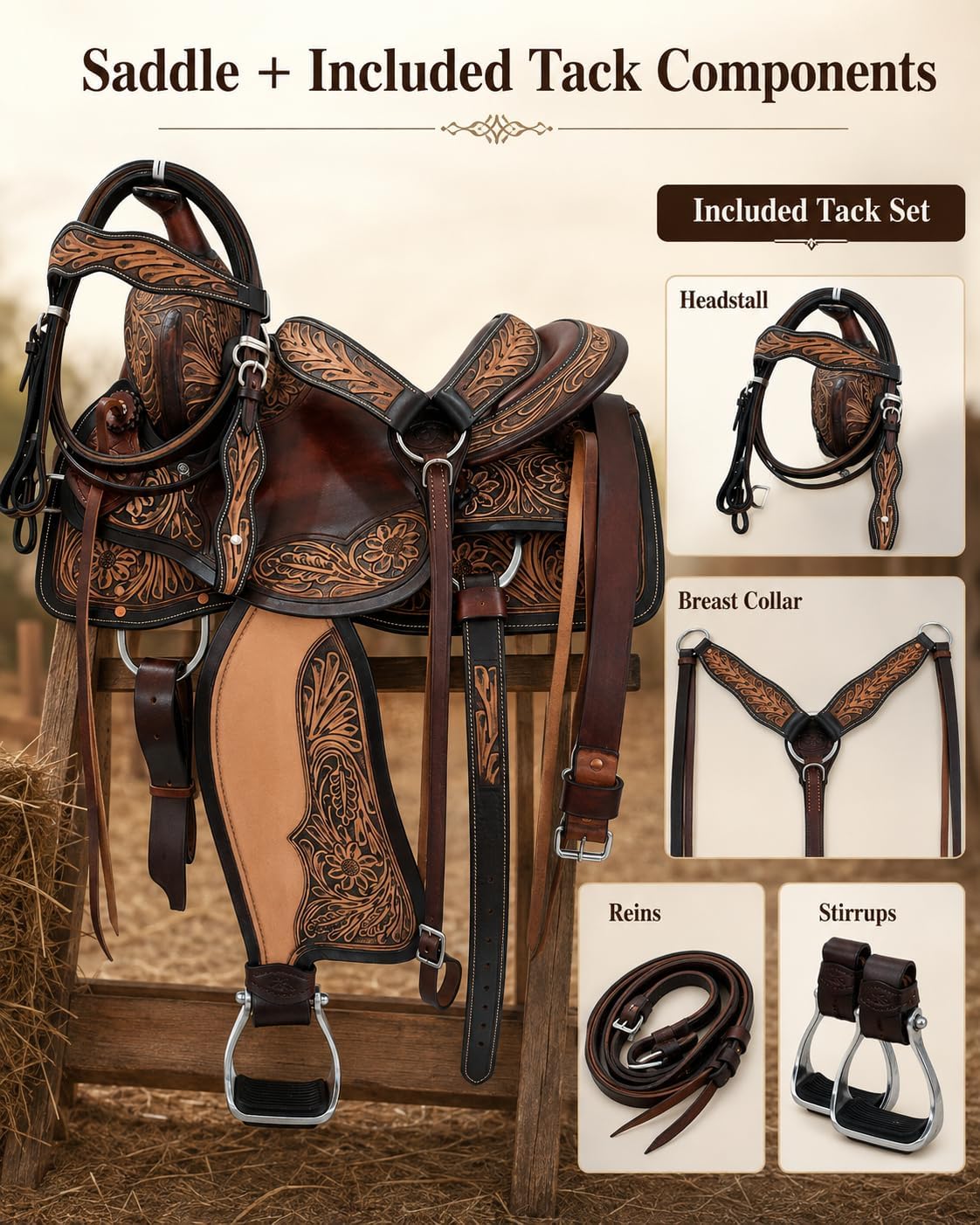Hand Tooled Western Horse Saddle with Tack Set Genuine Leather Trail Ranch Barrel Racing Saddle Floral Carved 15-18 Inch