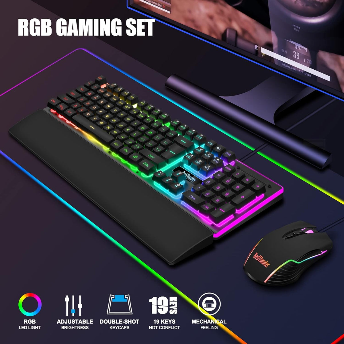 K10 Wired Gaming Keyboard and Mouse and Wrist Rest Combo, RGB Backlit, Mechanical Feel Anti-ghosting Keyboard + 7D
