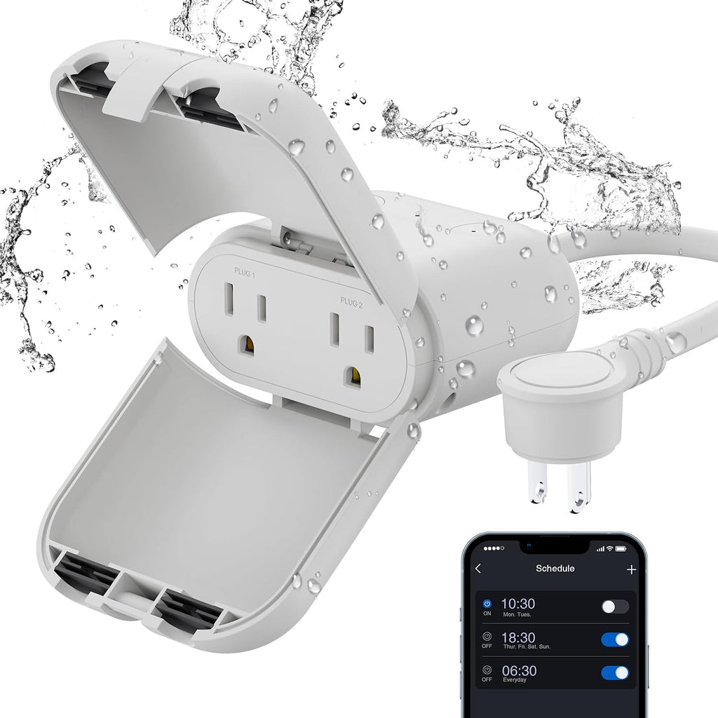 PQR20 Outdoor Smart Plug Waterproof IP66, WiFi Plug with 2 Individually Sockets, Compatible with Alexa & Google
