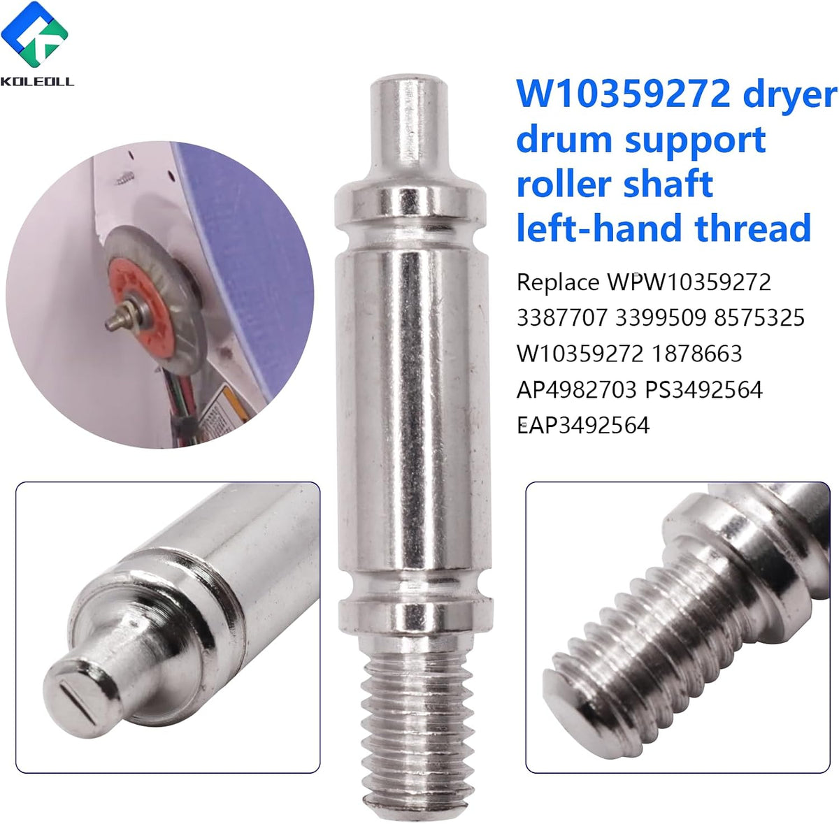 2PC W10359272 Rear Dryer Drum Roller Axle Shaft Left Hand Threads