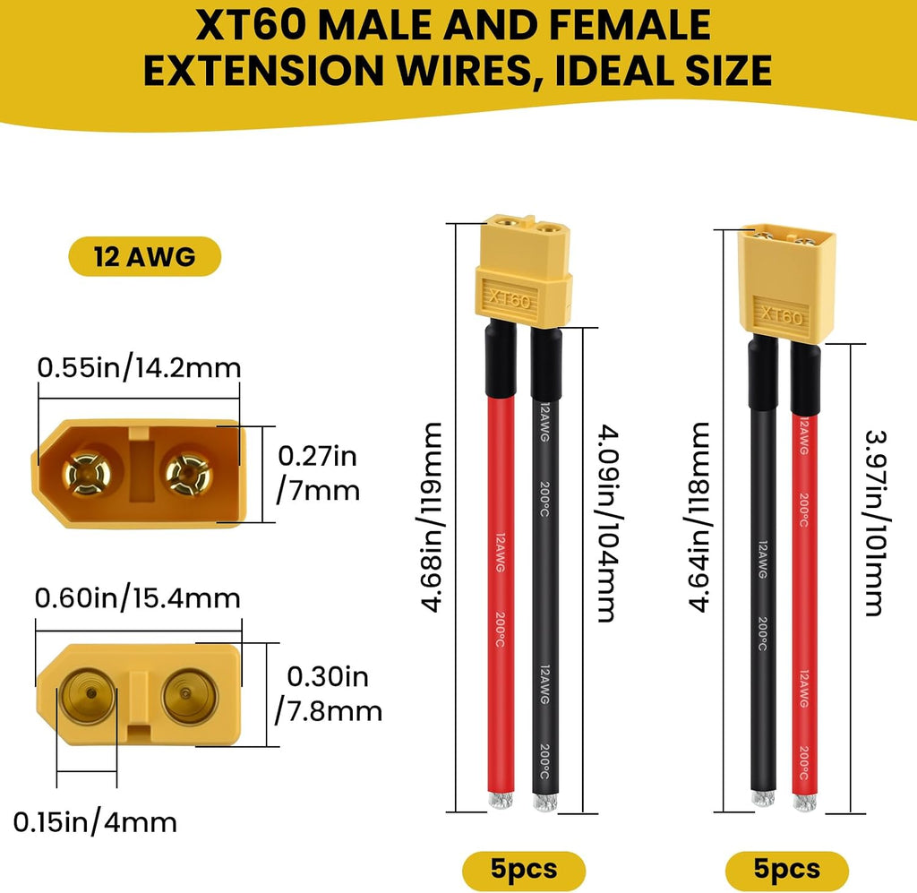 5 Pairs XT60 Plug Female and Male Connector with 3.9inch 12AWG Silicon Wire